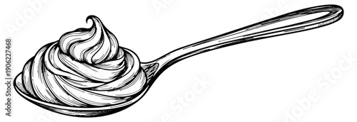 Hand drawn line art illustration of a spoon depicting a creamy dollop for food and dessert designs