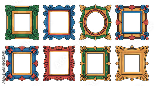Festive ornate frames pack, jewel tone baroque borders, square shapes, carnival poster design, holiday flyer template, retro decorative vector