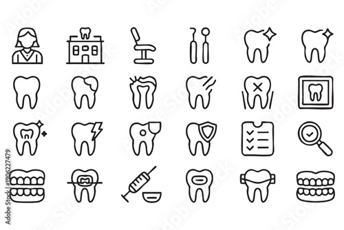 Dental clinic outline icons for oral care and treatment