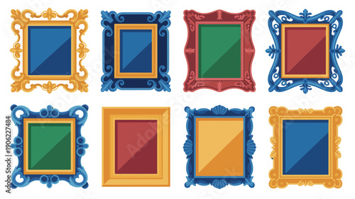 Color block photo frames set, modern gallery borders, square placeholders, exhibition poster layout, art show invitation, contemporary vector design