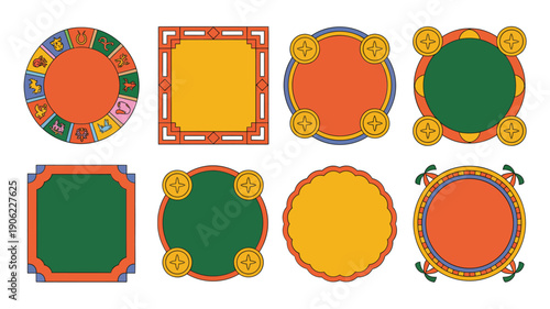 Heritage style badge frames, circular and square shapes, coin stud corners, ornamental borders, red green gold palette, celebration vector