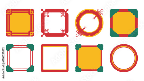 Chinese festival frame collection with square and circle borders, coin ring, tasseled corners, vibrant template for greeting card and poster