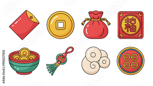 Lunar new year icon set, red envelope, ancient coin, money pouch, lucky charm, longevity noodles bowl, dumpling, mooncake, knot