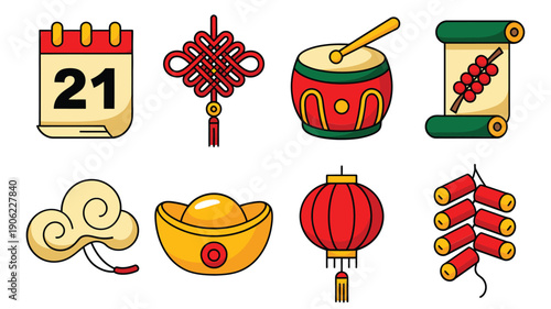 Lunar festival icons collection, date calendar marker, red knot charm, parade drum, scroll banner, cloud, gold ingot, lantern, firecrackers
