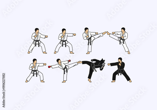 Vector Ilustration idea Concept Dynamic martial arts poses illustration featuring karate practitioners in white and black gis, demonstrating various kicks and punches.