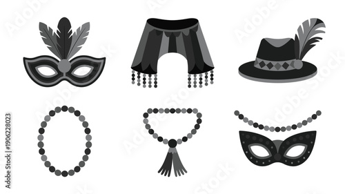 Carnival masquerade icons vector set with feathered mask, beaded necklace, festival hat, fringe costume, confetti elements for parade party