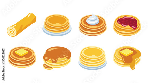 Breakfast pancake stack set, syrup drizzle, butter pat, jelly topping, crepe rolls, carnival fair sweets, Shrovetide festive food vector