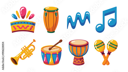 Carnival music icons vector set with trumpet, conga drums, bongo, maracas, sax style notes, festival rhythm elements for parade