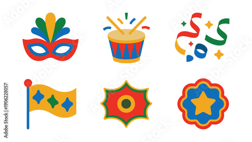 Carnival celebration icons vector set with masquerade mask, cupcake, confetti swirl, parade flag, rosette badge, decorative star shapes graphics