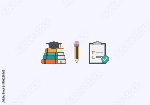 Tableau sur toile Vector Ilustration idea Concept Educational Tools and Academic Achievement - Books, Pencil, and Checklist Illustration