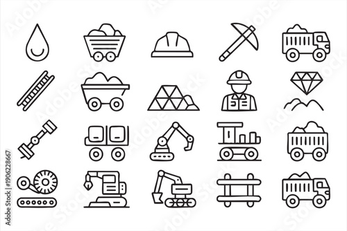 Mining and extraction outline icons for industrial themes