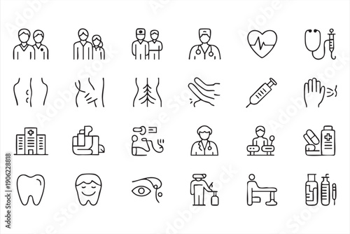 Doctor nurse and patient symbol pack in line style
