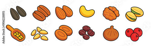 Assortment of Flat Design Icons of Nuts and Seeds cashew almond