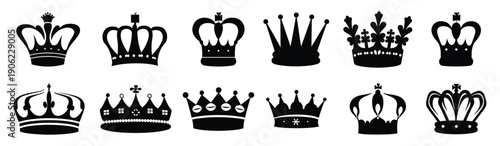collection of ten black silhouette crowns in various royal 