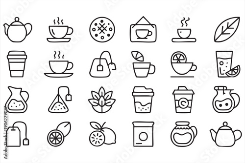 Tea and beverage outline icons for cafe themes