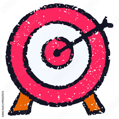 hand drawn crayon target board with arrow, red wax pastel texture goal doodle, rough hand-drawn archery element perfect for business success, achievement, mission, or aim concept
