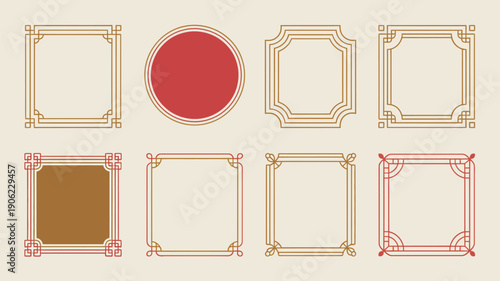 Chinese new year vintage frames, gold corner borders, round and square labels, classic greeting layout, product packaging badge set