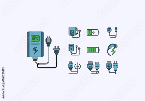 Vector Ilustration idea Concept Electric Vehicle Charging Icons - A Comprehensive Set for Sustainable Transportation.
