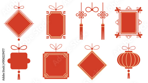 Lunar new year hanging tags, lantern ornaments, square and diamond labels, ribbon bow toppers, spring festival packaging, printable party decorations