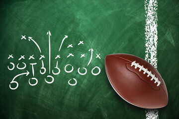 Detailed football play diagram with a ball on a chalkboard