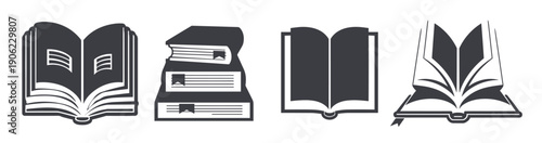  illustrations of open and stacked books in simple black and