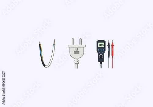 Vector Ilustration idea Concept Electrical Components - Wire, Plug, and Digital Multimeter Illustration.