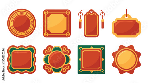 East Asian decorative frames set, round rosette, scalloped squares, cloud corners, sunburst badge shapes, red gold green festival vector collection