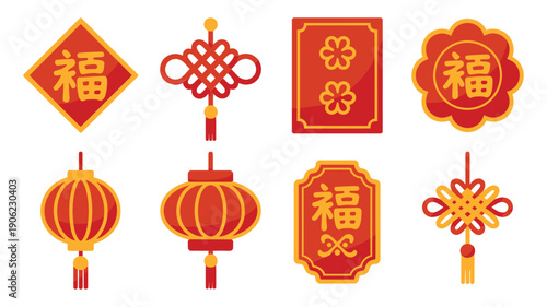 Spring festival decoration icons with lucky diamond sign, Chinese knot tassels, lanterns, lucky plaques and gold trims for holiday greetings