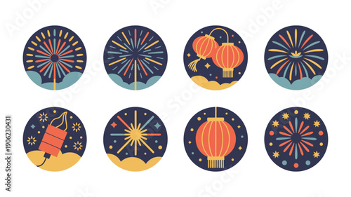 Fireworks badge icons set, circular night sky bursts, lantern silhouette, festival celebration stickers, new year party elements, vector graphics