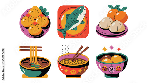 Chinese new year reunion dinner icons, lucky fish, sweet rice balls, noodle soup bowls, tangerines, festive chopsticks, traditional cuisine vector