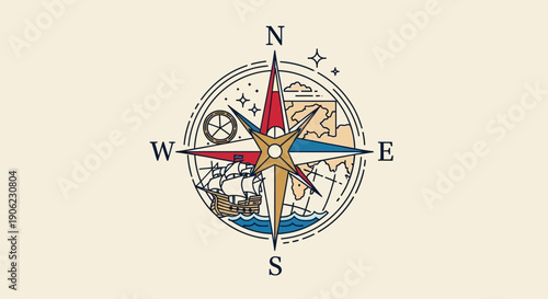 Vintage Compass Rose with Nautical Elements for Travel, Adventure, and Exploration Concepts