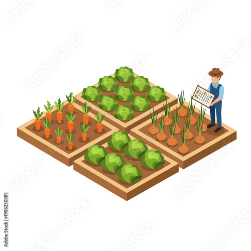 Farmer inspecting crops in a vegetable garden with carrots and cabbages.