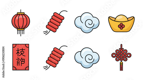 Spring festival symbols set, hanging lanterns, firecrackers, festival banner, auspicious clouds, gold ingot, lucky knot, celebration graphics, vector icons pack