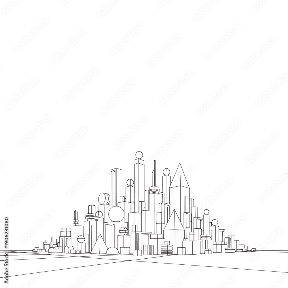 Fototapeta premium Abstract wireframe cityscape outline drawing minimal graphic resource