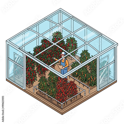 Illustration of a person tending to plants in a modern glass greenhouse.