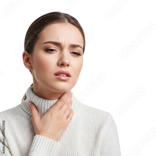 Woman with sore throat holding her neck