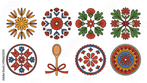 Maslenitsa celebration icons, sun rosette, floral wreaths, decorated spoons with bows, folk embroidery circles, spring festival ornaments, Eastern European vector