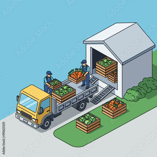 Farmers unloading fresh produce from a truck into a storage shed.