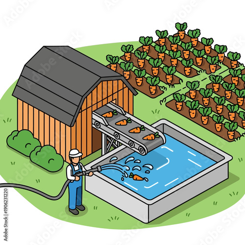 Farmer watering plants in a garden with a shed.