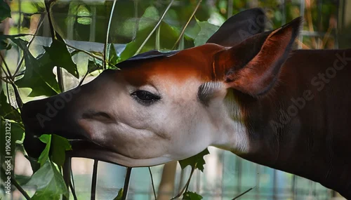 Naklejka na ścianę Okapi ( Okapia johnstoni), also known as the forest giraffe or zebra giraffe, is an artiodactyl mammal native to the northeast of the Democratic Republic of the Congo in Central Africa. 