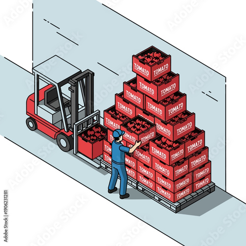 Warehouse worker unloading bricks from a forklift.