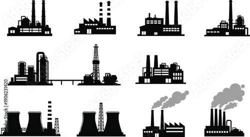 Industrial factory and power plant silhouette set featuring oil refinery, manufacturing buildings, smokestacks, energy production facilities, and heavy 