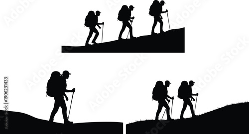 Hiking silhouettes set showing backpackers climbing hills with trekking poles, adventurous outdoor travelers and mountaineers isolated on white background for adventure, travel, and nature concepts