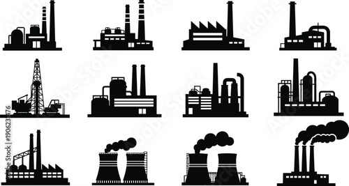 Industrial factory silhouettes set featuring power plants refineries and manufacturing buildings with chimneys and smoke isolated on white background for energy production and industry concepts