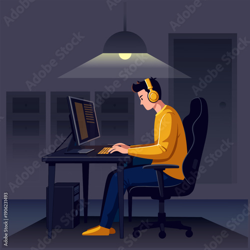Man studying late at night on computer