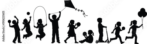 Kids silhouettes playing outdoor games with jumping rope kite ball scooter and balloons isolated on white background happy childhood activity concept vector illustration set