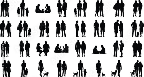 Large collection of black silhouettes of families, couples, and people in daily activities, isolated on white background, representing relationships, lifestyle, community, and modern society