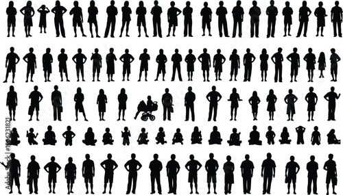 Large collection of human silhouettes showing men, women and children standing, posing and sitting in various activities, black vector people icons isolated on white background