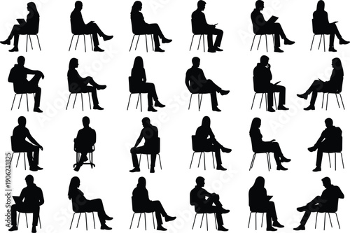 Large collection of men and women sitting on chairs silhouettes isolated on white background, various seated poses for interview, waiting, reading, discussion, office, 