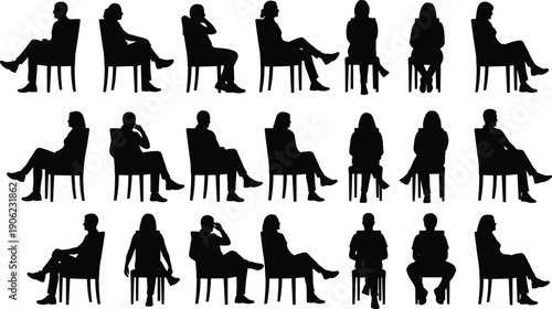Large collection of men and women sitting on chairs silhouettes isolated on white background, various seated poses showing human body language, posture, interview, discussion, and lifestyle concepts